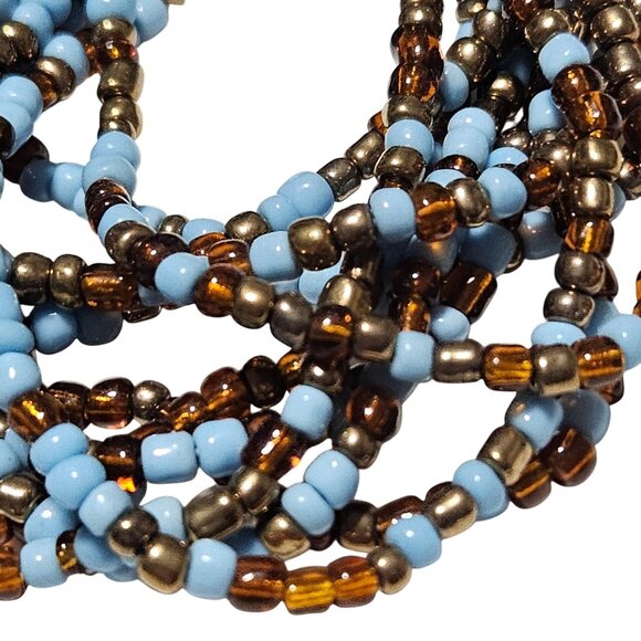 Handmade Multi Strand Seed Beaded Stretch Bracelet Light Blue Bronze Beads Women - Picture 2 of 4